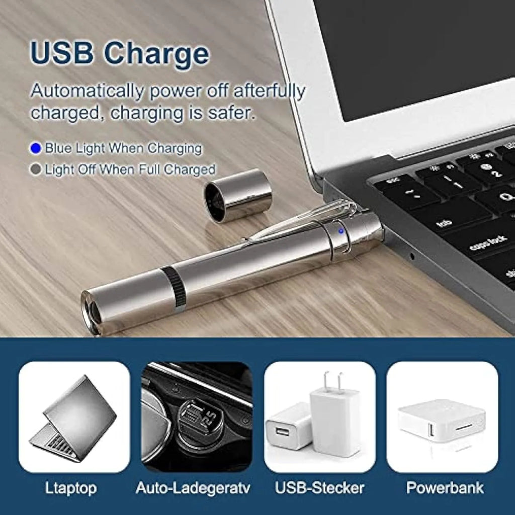 Silver aluminium alloy cat toy pointer with light patterns, metal clip, and USB charging port