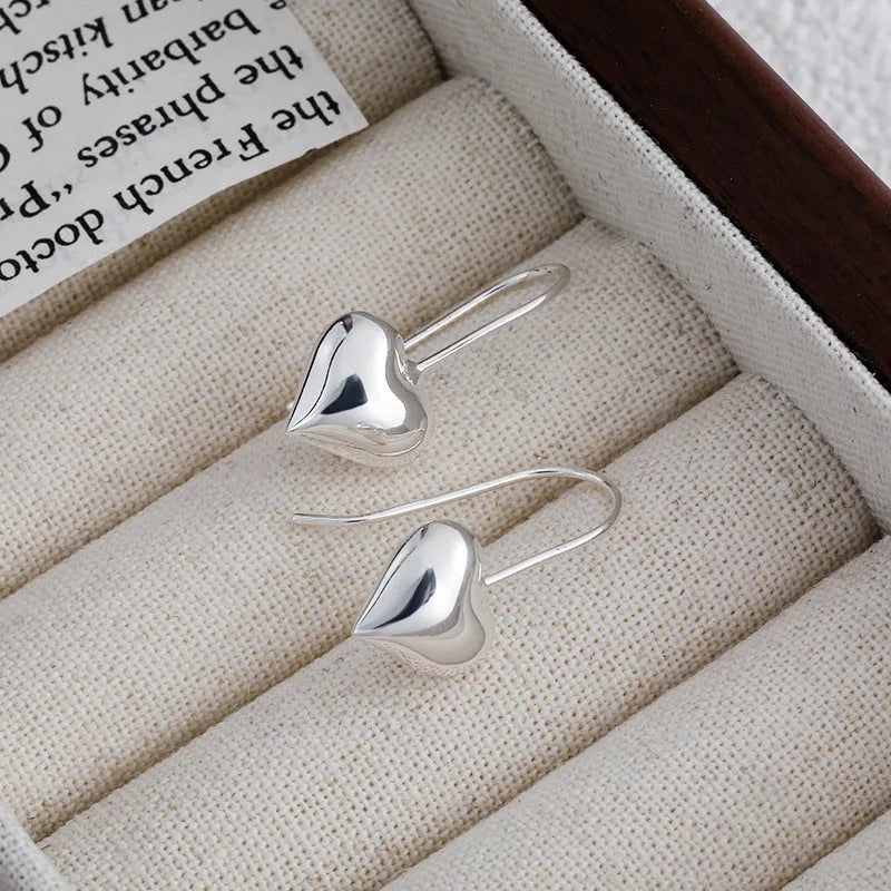 Korean style silver-colour heart-shaped copper earrings with glossy three-dimensional finish