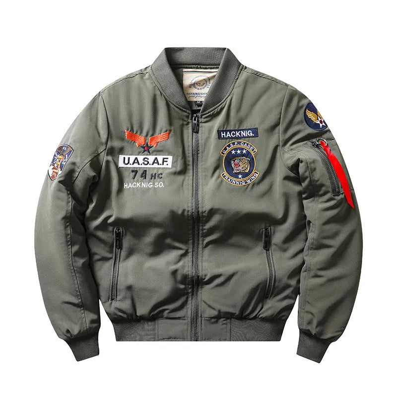 Men's slim-fit black retro motorcycle coat with stand collar and patch pockets on a mannequin.