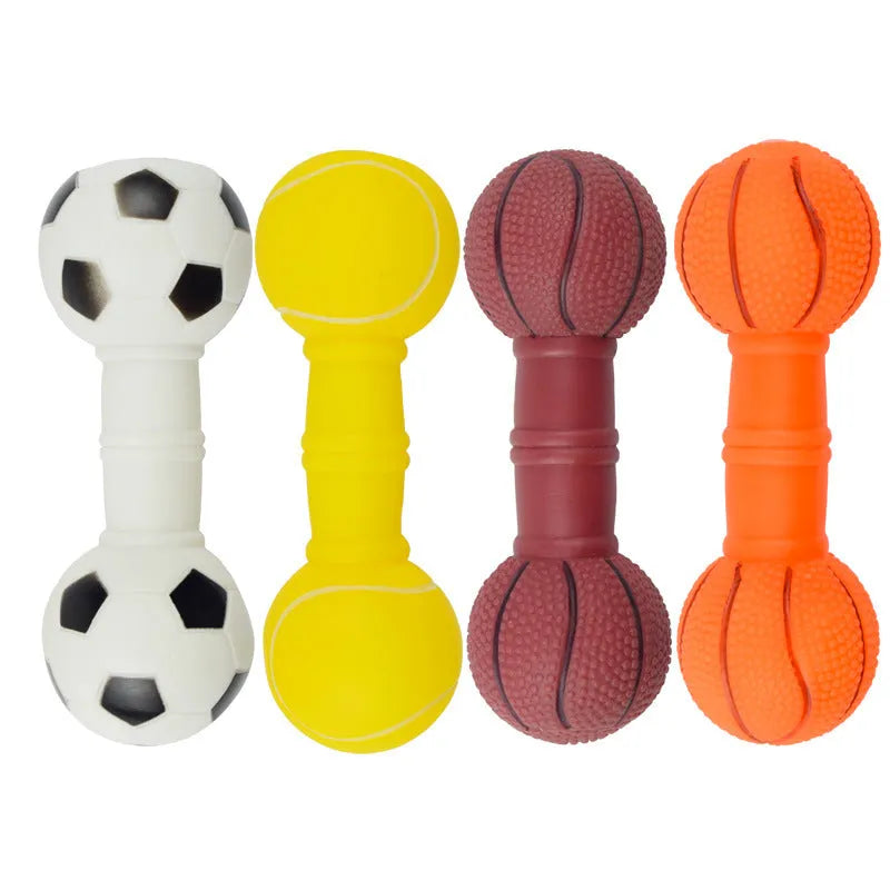 Brown, orange, white, and yellow coloured PVC football dumbbell shaped dog squeaky chew toy.