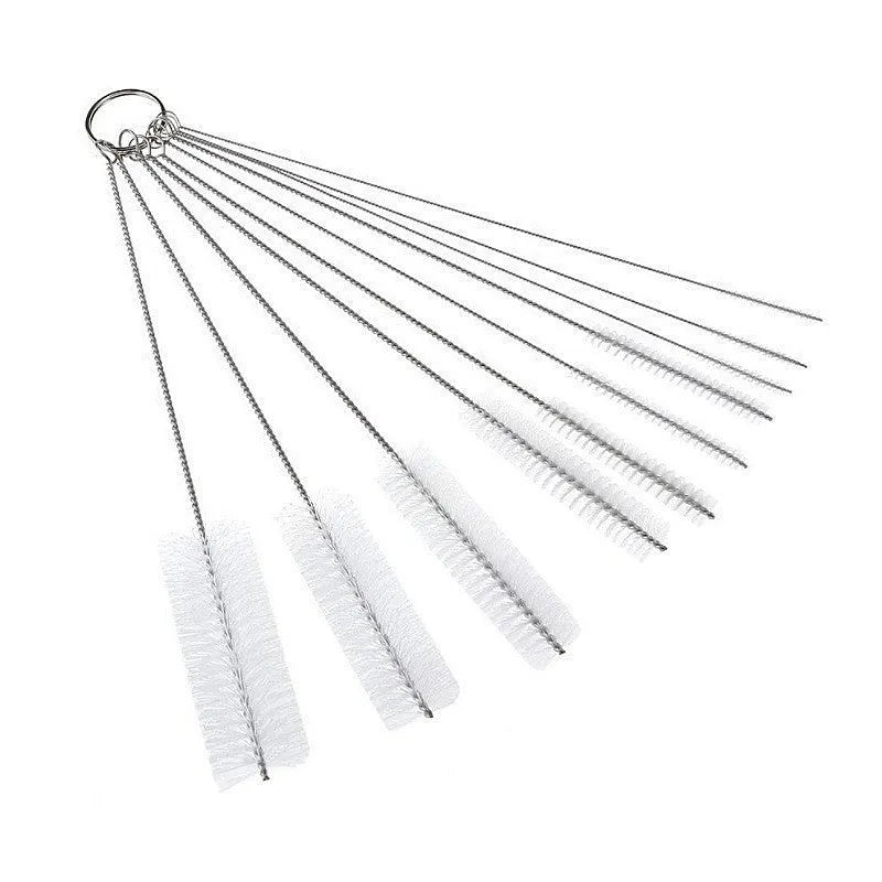 Nylon cleaning brush set with stainless steel handles for straws and narrow bottles