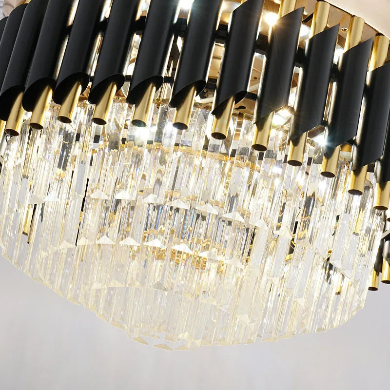 Crystal lampshade ceiling fan light with remote control in 42 inch or 48 inch size options.