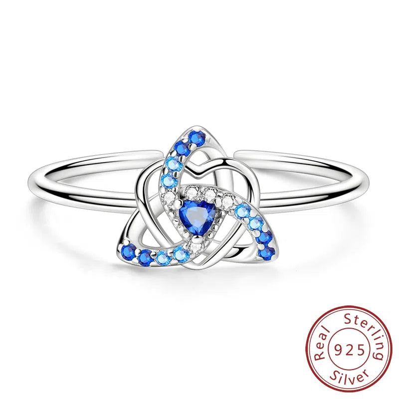 Sterling silver 925 heart-shaped dreamcatcher ring with adjustable opening in blue KSR080