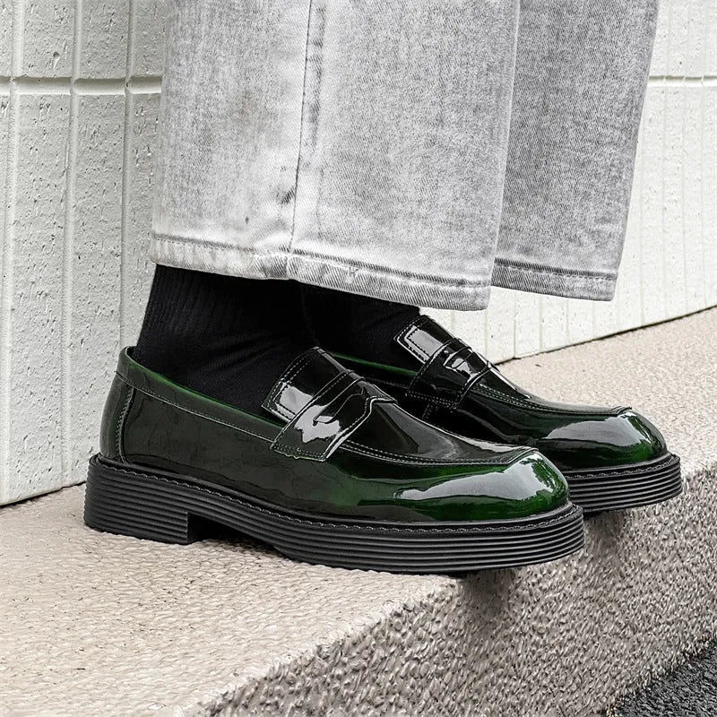 Hong Kong style thick-soled British leather casual shoes for men square toe rubber sole