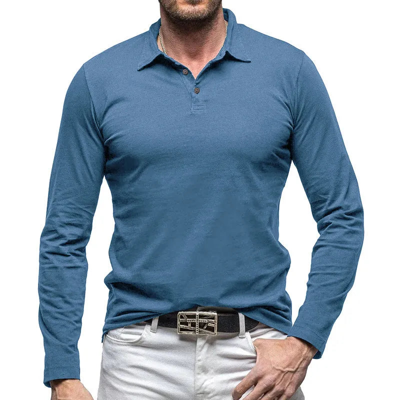 Men's dark grey cotton polo collar long sleeve t-shirt laid flat, showing American retro style.