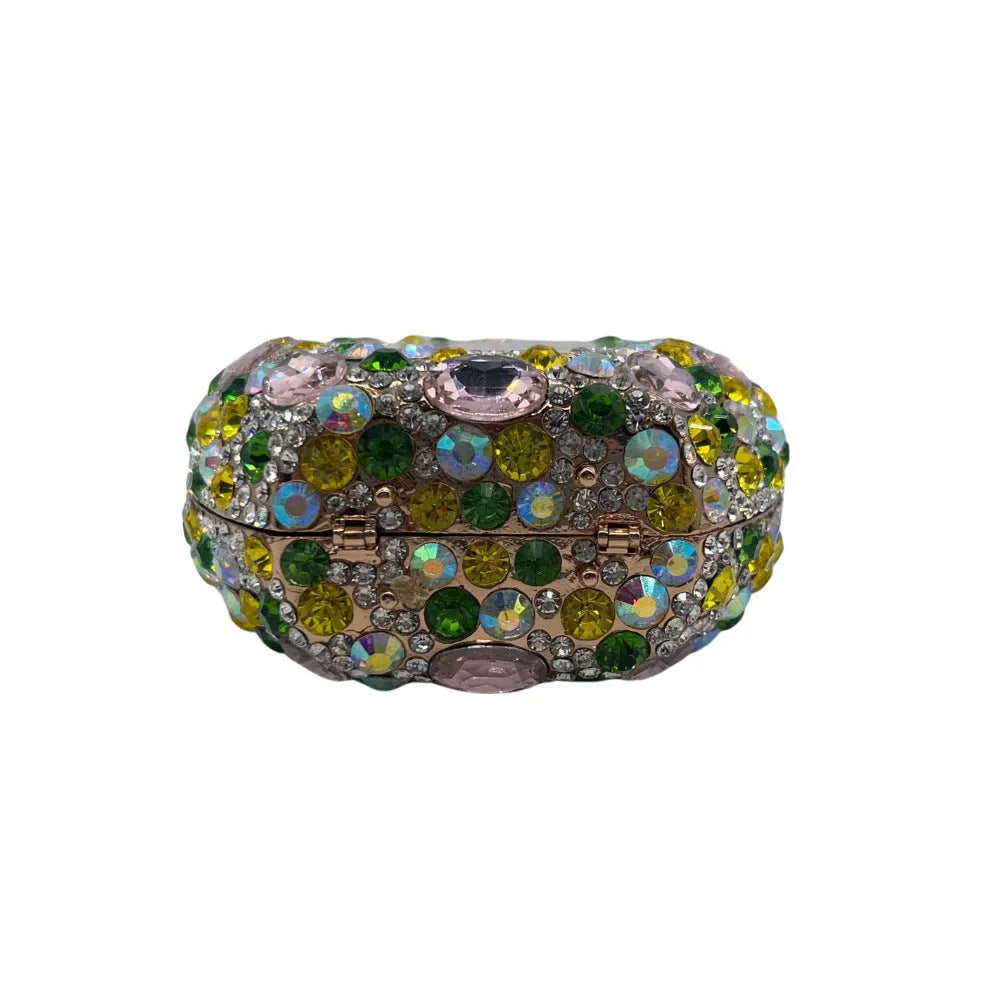 Women's hard alloy clutch bag with full diamond embellishment, shown in a golden colour.