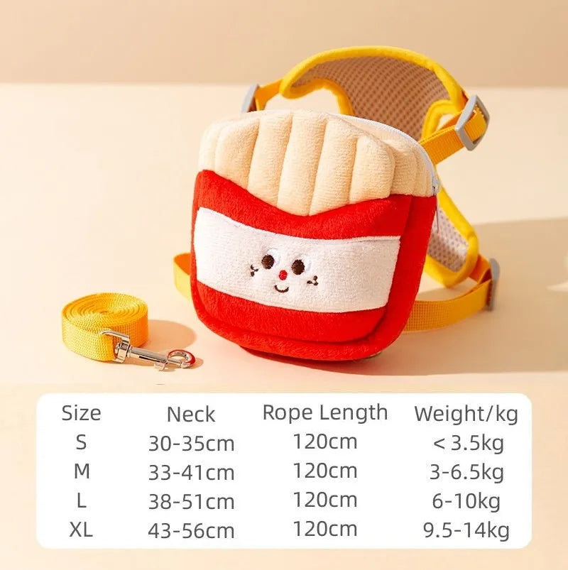 Cartoon hamburger chips design adjustable pet vest leash rope in escape-proof walking harness