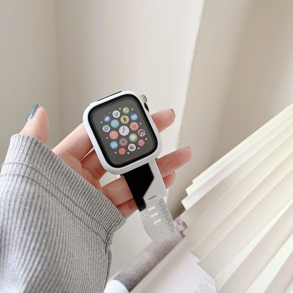 Two-tone silicone Apple Watch strap and protective case in 38mm to 45mm sizes, shown in black and white colour.