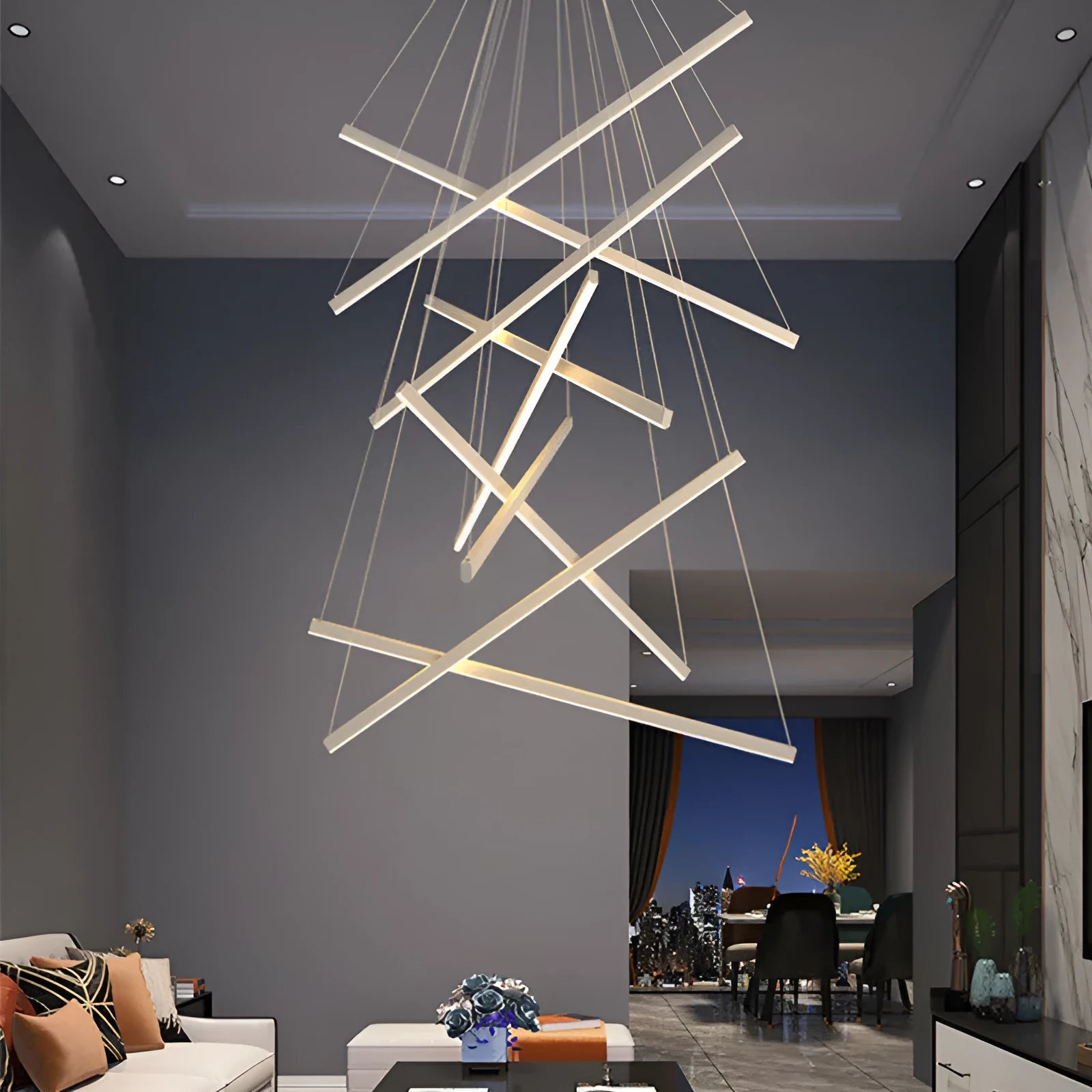 Modern glass LED chandelier with remote control, black iron body, adjustable height 1-3 metres, 3-head model
