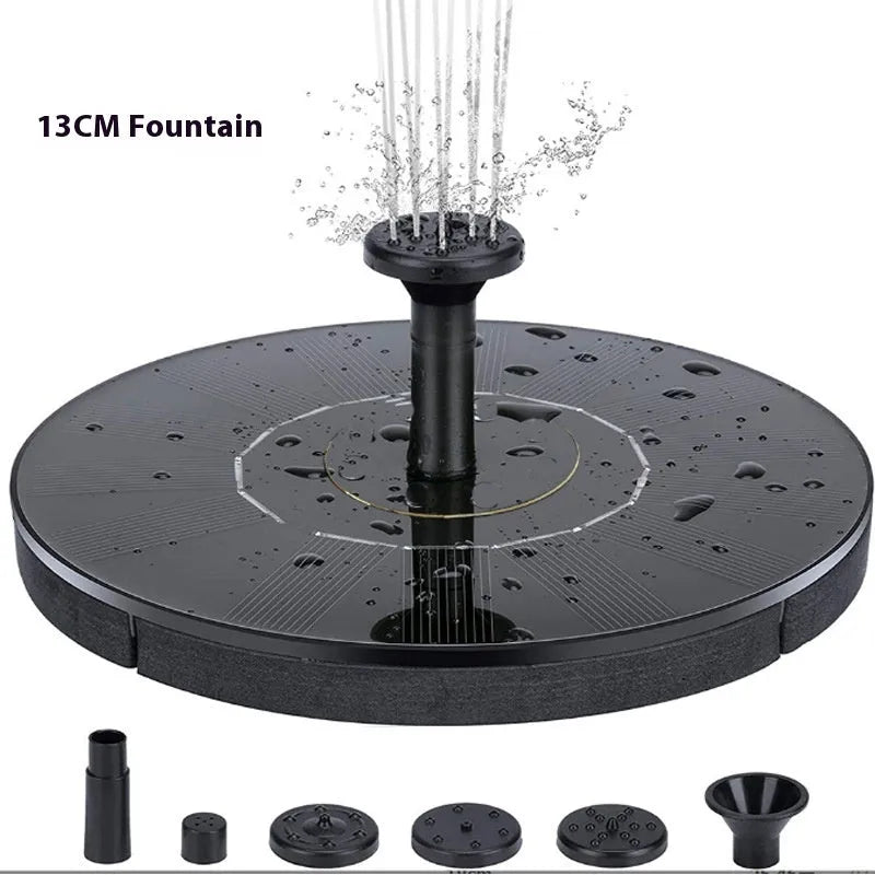 Solar floating fountain for garden pond, rockery, bird bath, or bathtub, program-controlled with 2.5W and 5W options