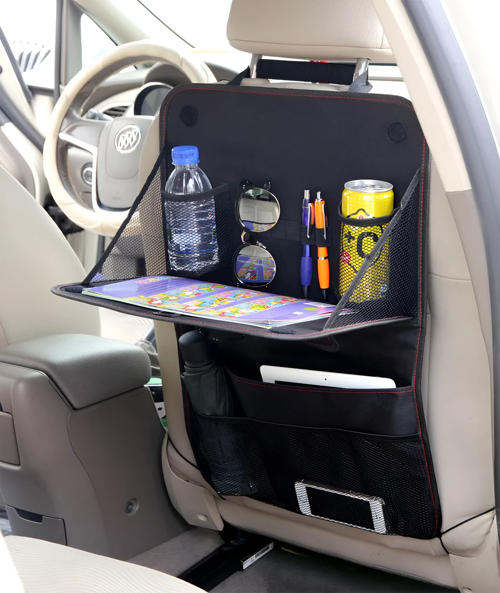 Black car seat back storage bag with red line, Oxford cloth, 38 x 60 cm, multi-pocket organiser and foldable tray