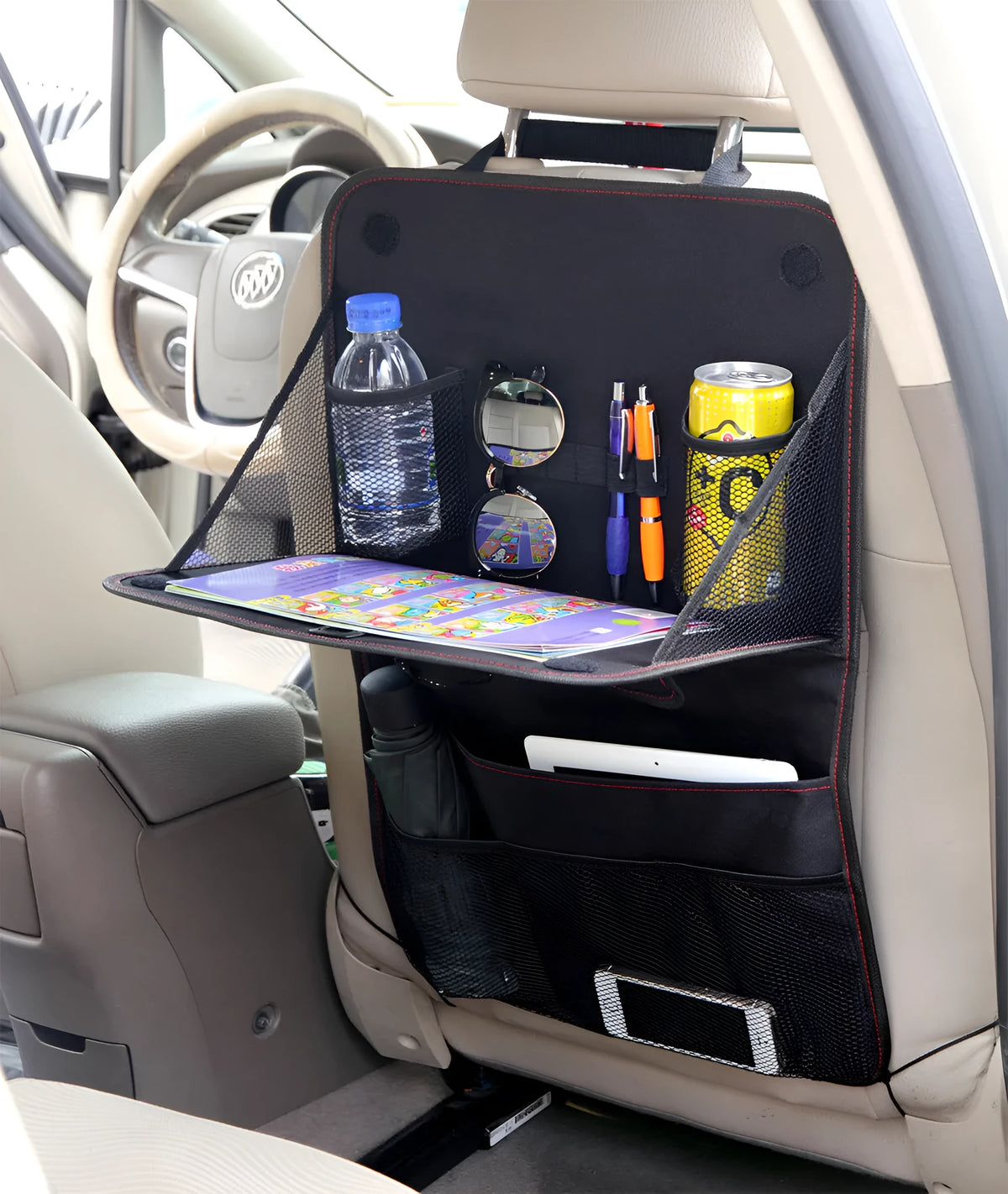 Black car seat back storage bag with red line, Oxford cloth, 38 x 60 cm, multi-pocket organiser and foldable tray