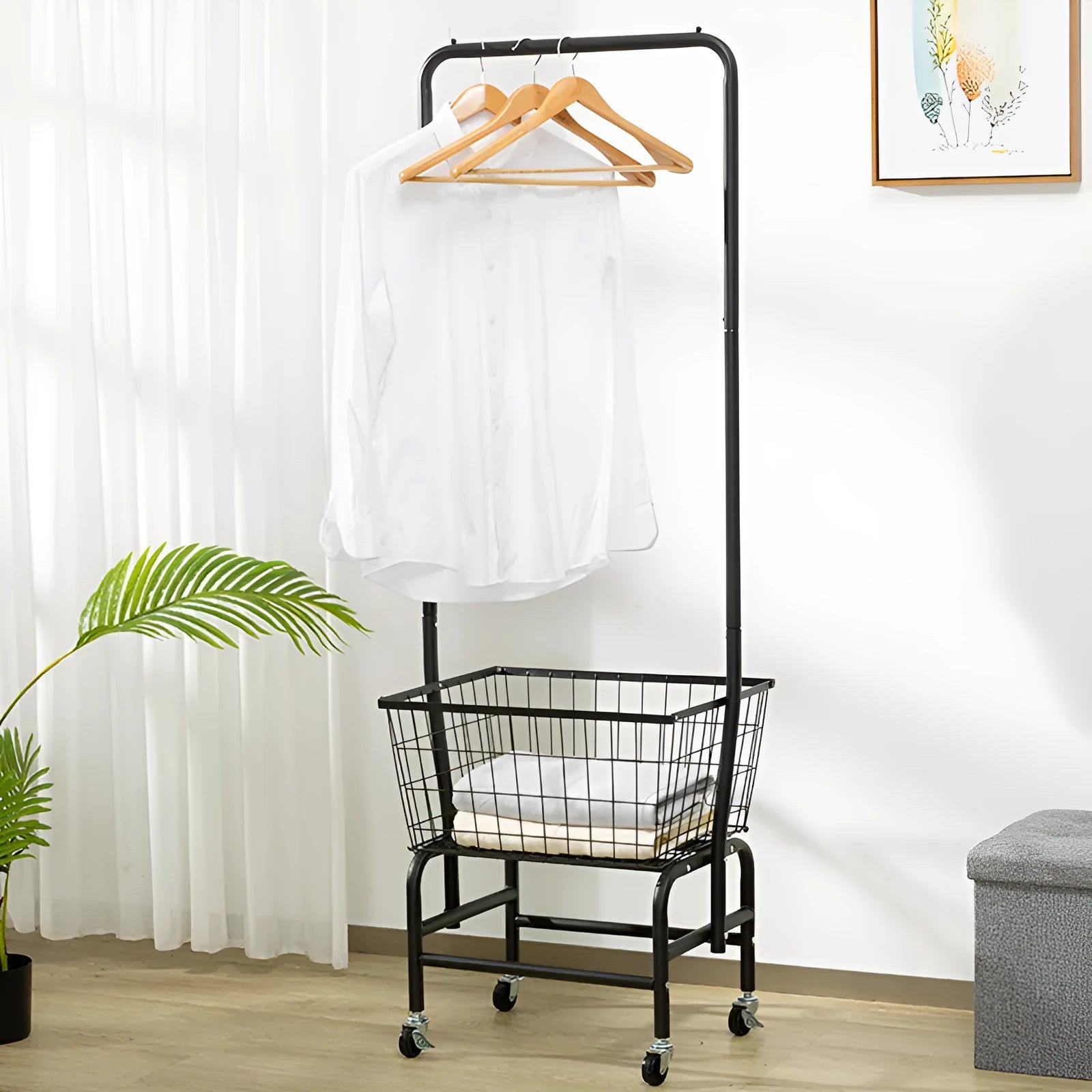 Iron pulley storage car with wheel casters for clothing rail organisation in black finish