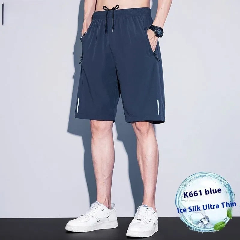 Men's thin ice silk quick-dry polyester running shorts in black, straight cut, front view