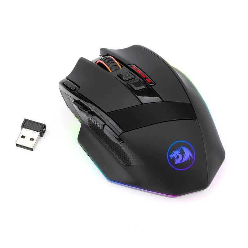 Redragon M801P black wireless gaming mouse with ergonomic design and nine buttons