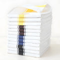 Twelve striped cotton dish towels in multiple colours showing 48x70cm size