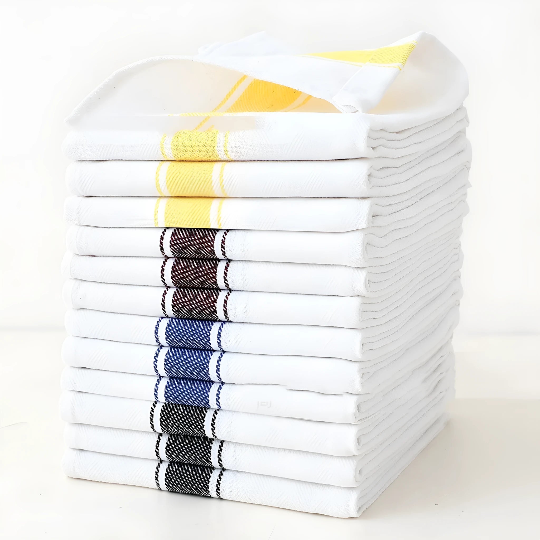 Twelve striped cotton dish towels in multiple colours showing 48x70cm size