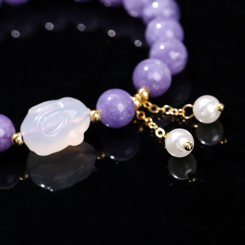 Purple aquamarine chalcedony lychee jelly agate rabbit bracelet with geometric beads