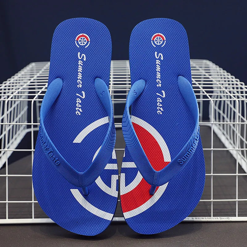 PVC summer flip-flops in White, Royal Blue, Black, and Red, sizes XS to L for 38-45 feet