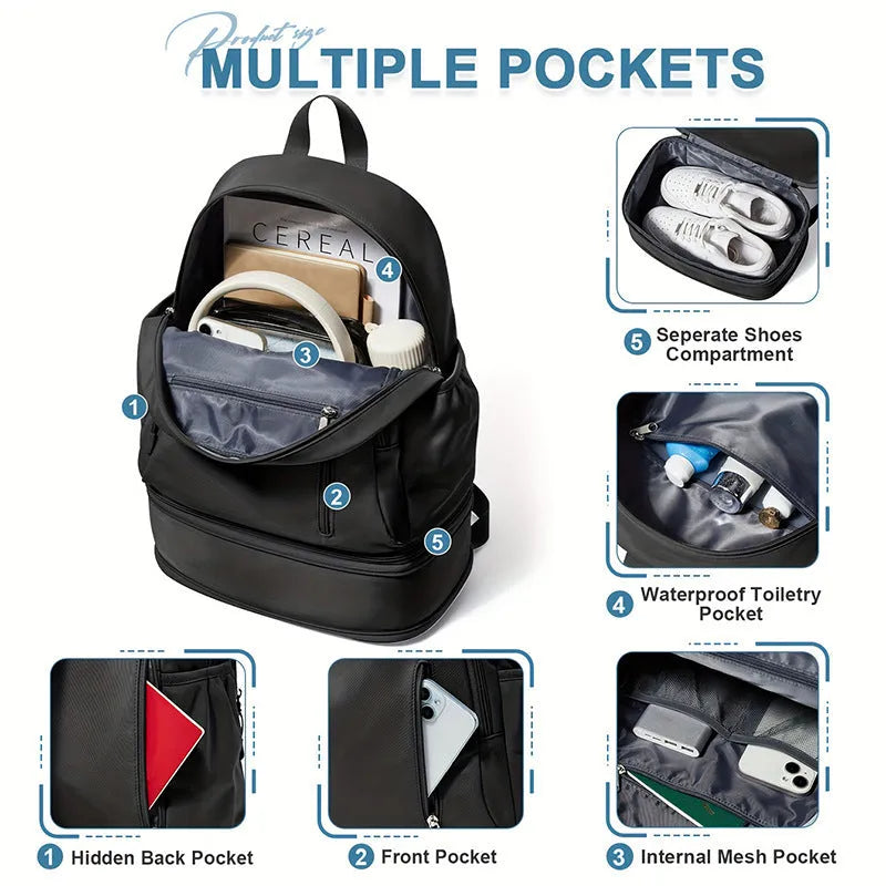 Women's casual waterproof backpack in solid colour with contrast stitching and adjustable shoulder straps
