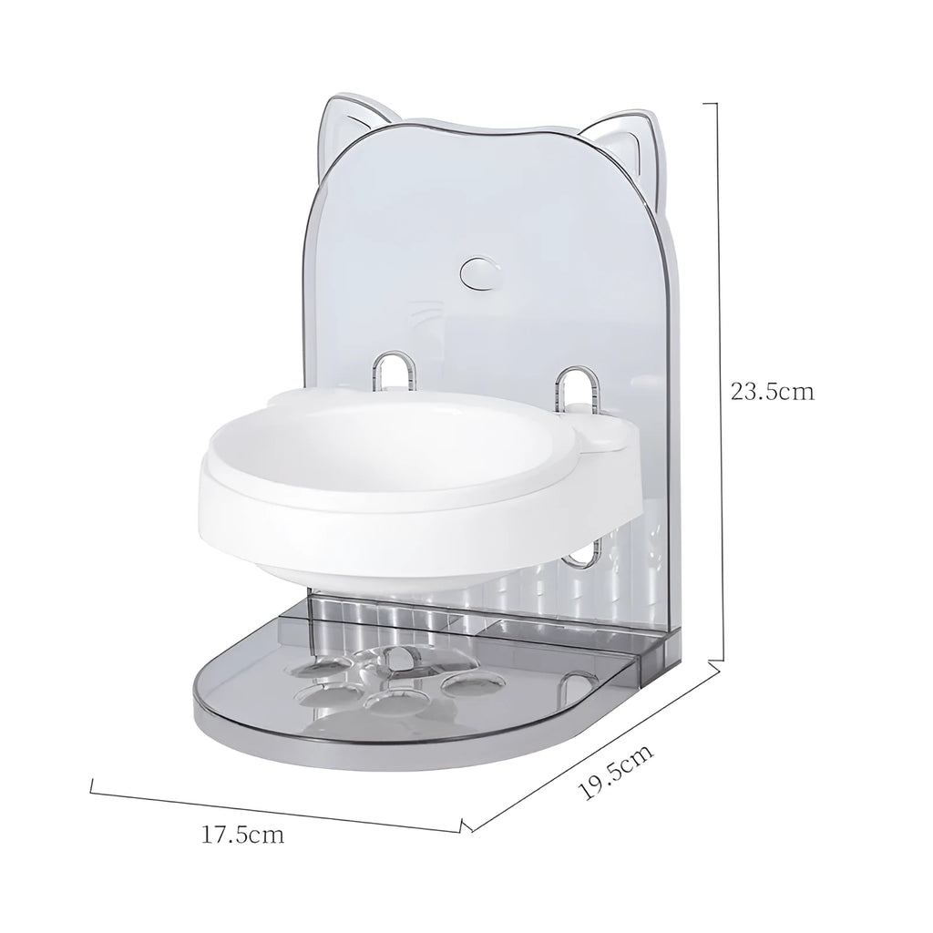 Grey adjustable height cat feeding bowl with ear design and neck protection