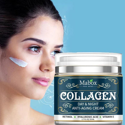 Collagen face cream in a blue container, designed to hydrate and rejuvenate the skin for a youthful, radiant appearance.