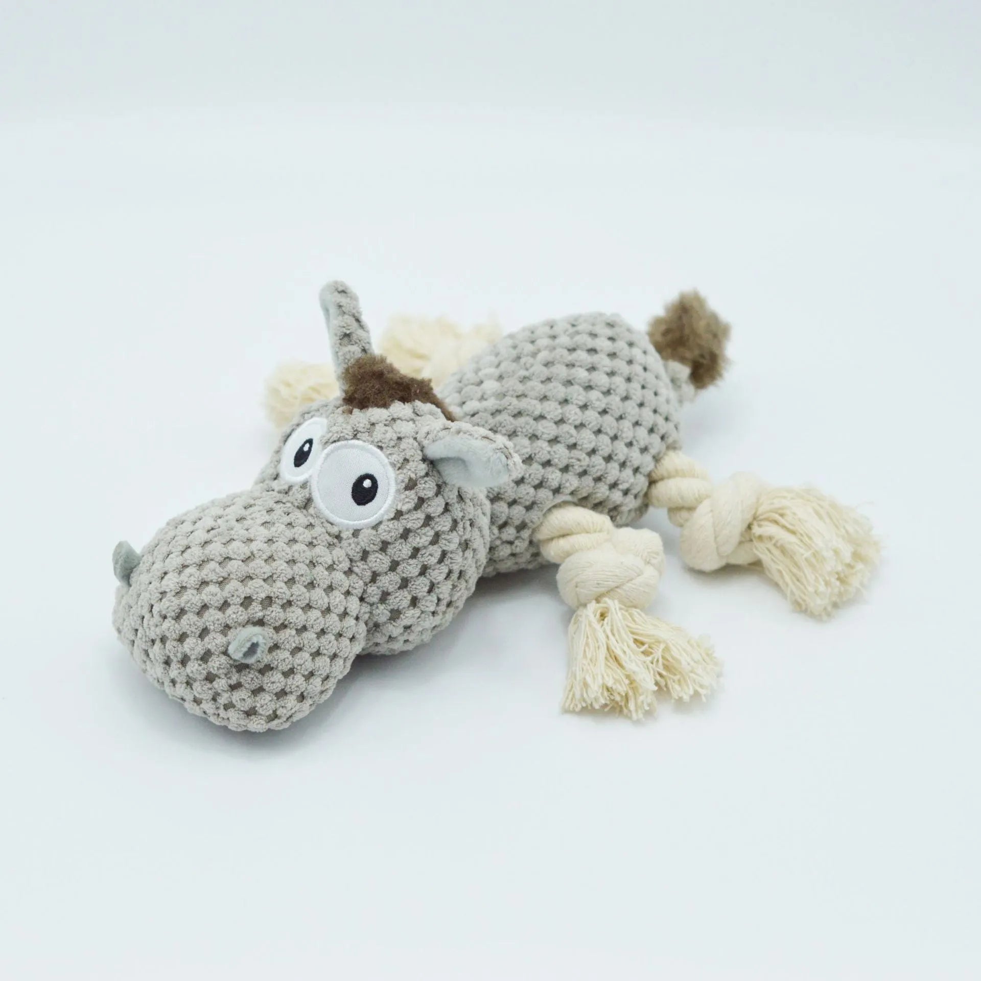 Grey donkey-shaped plush dog toy with cloth velvet texture and creak sound mechanism