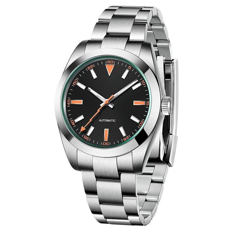 Precision steel men's mechanical watch with black dial, steel bracelet, sapphire crystal mirror, 100m waterproof