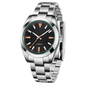 Precision steel men's mechanical watch with black dial, steel bracelet, sapphire crystal mirror, 100m waterproof
