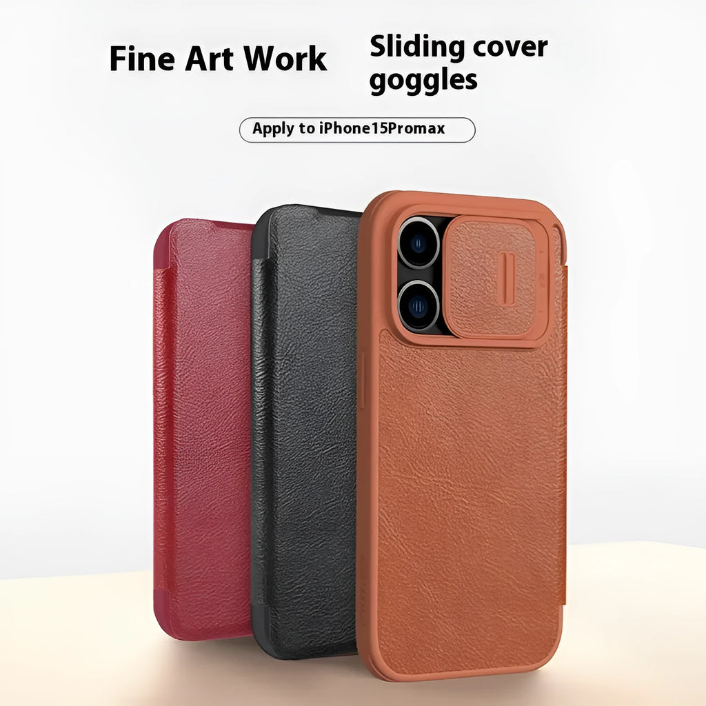 PRO imitation leather flip phone case for iPhone 15 models in black, brown, or red.