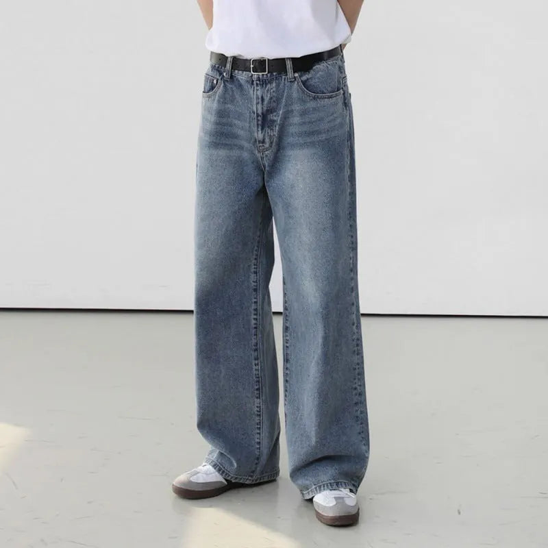 Men's retro washed blue jeans, cotton mid waist trousers, casual leisure pants, sizes M to 2XL