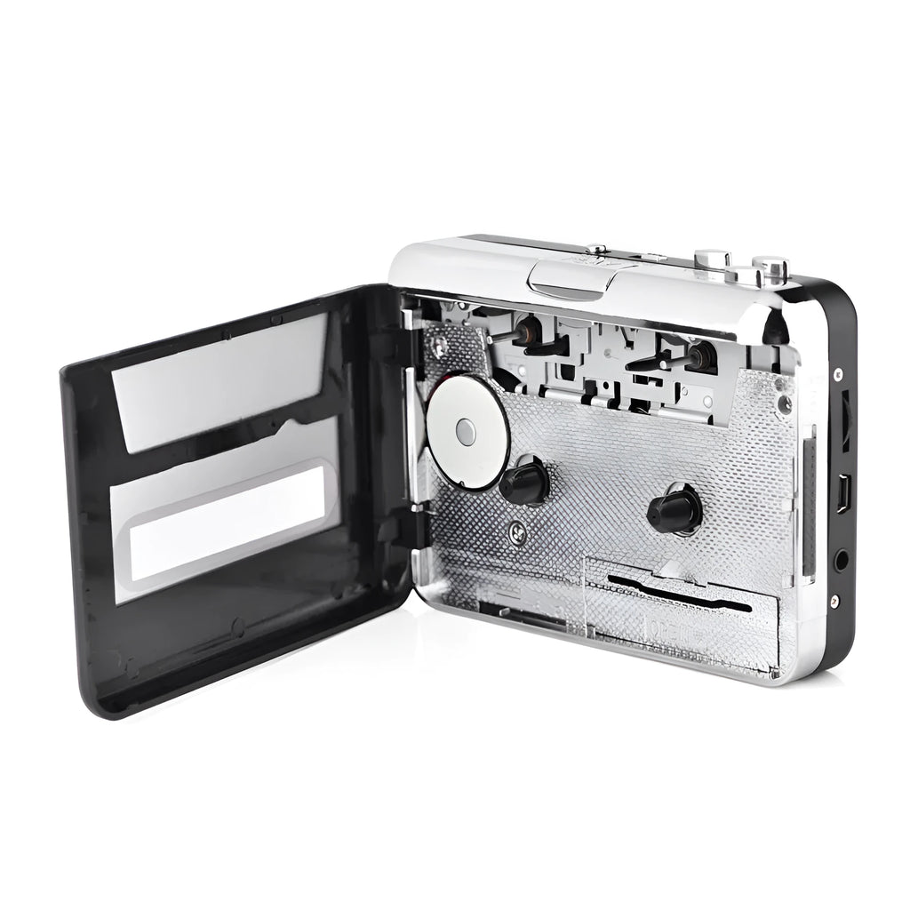 Silver USB cassette to MP3 converter unit with USB cable on a white background.