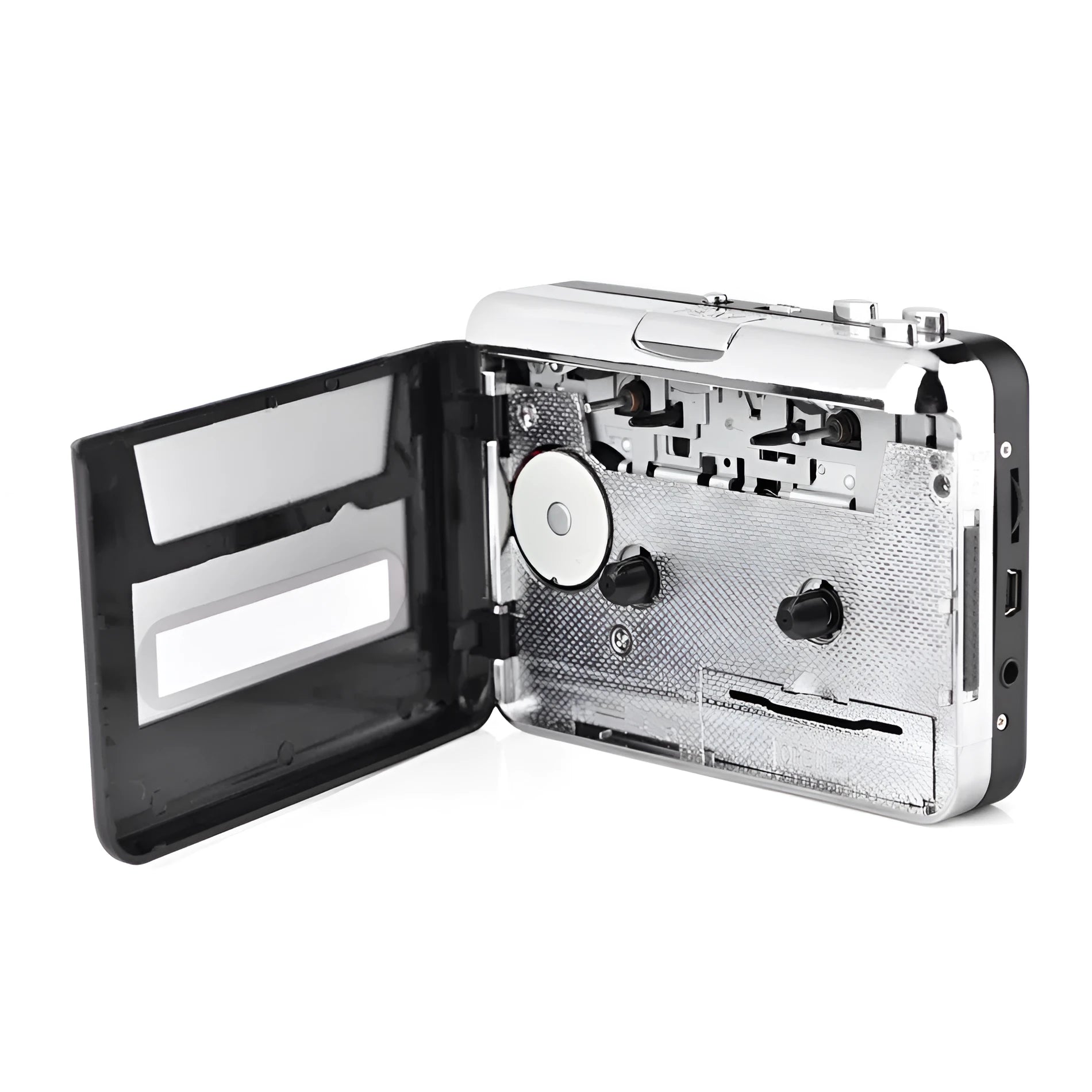 Silver USB cassette to MP3 converter unit with USB cable on a white background.