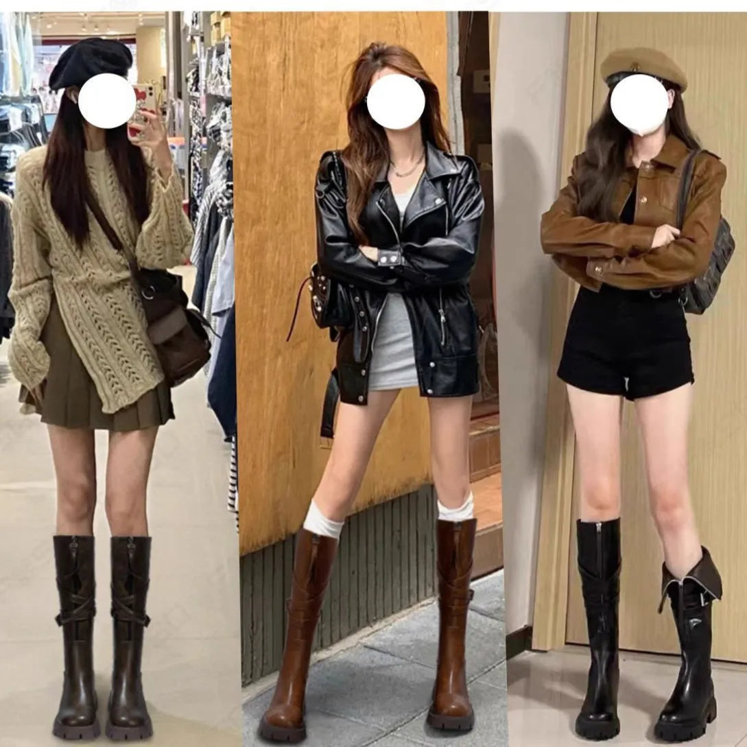 Brown women's riding boots with thin high tube, front zipper, round toe, and chunky heel