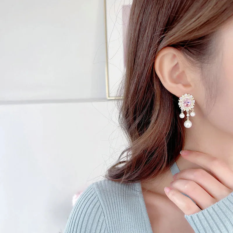 Oval geometric zircon and pearl tassel earrings in light purple colour option