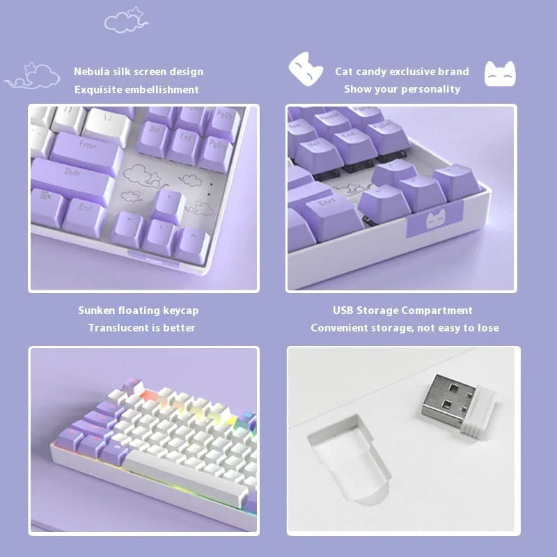 Wireless Bluetooth mechanical keyboard with metal construction in blue white and purple white colour options