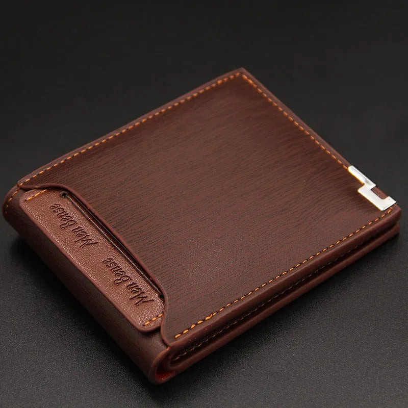Men's black PU leather short wallet showing iron-edge card-picking design.