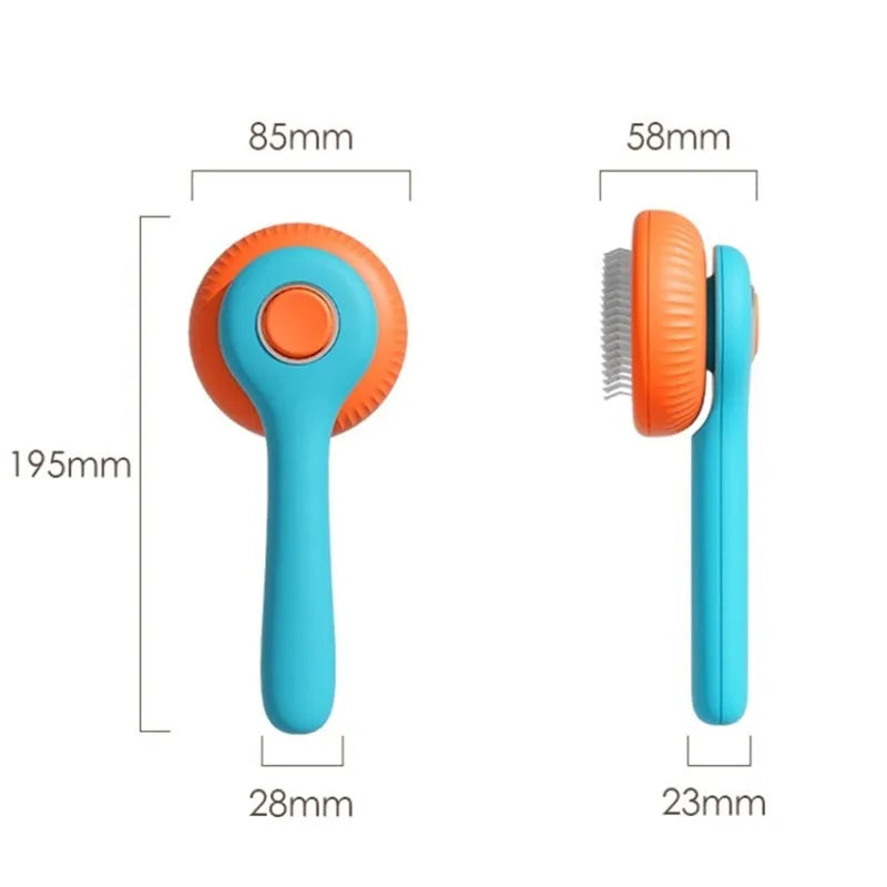 Blue and white self-cleaning slicker brush for grooming cats and dogs to remove loose fur.