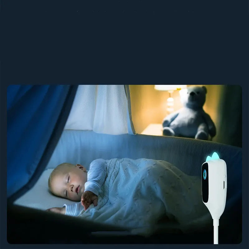 White transparent baby monitor with 1080p HD, 150-degree wide angle, infrared night vision, and USB power