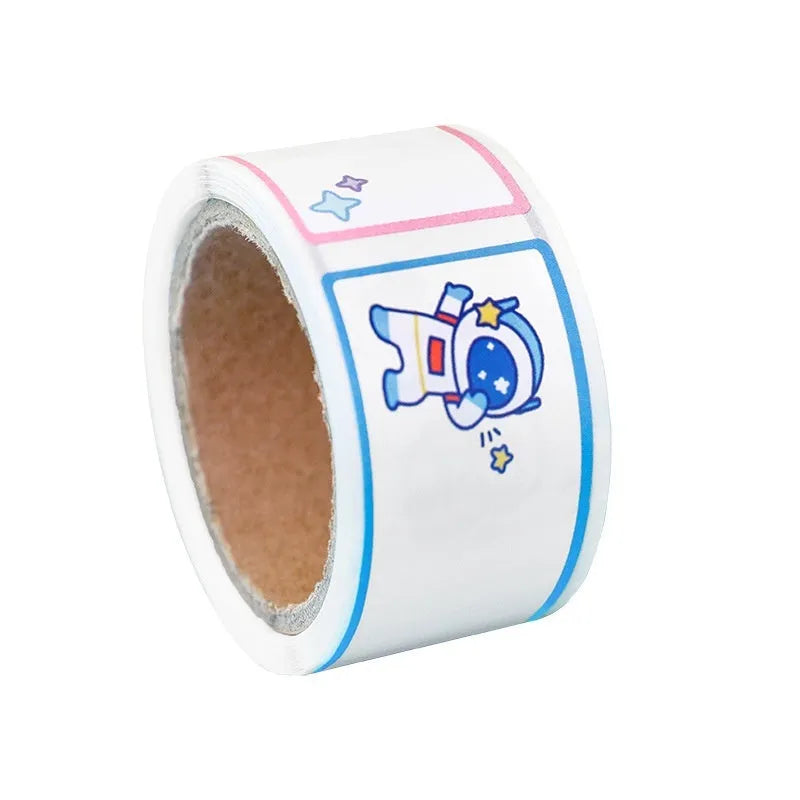 Roll of cartoon name tape stickers showing dinosaur, astronaut, rabbit, and girl cute design themes.