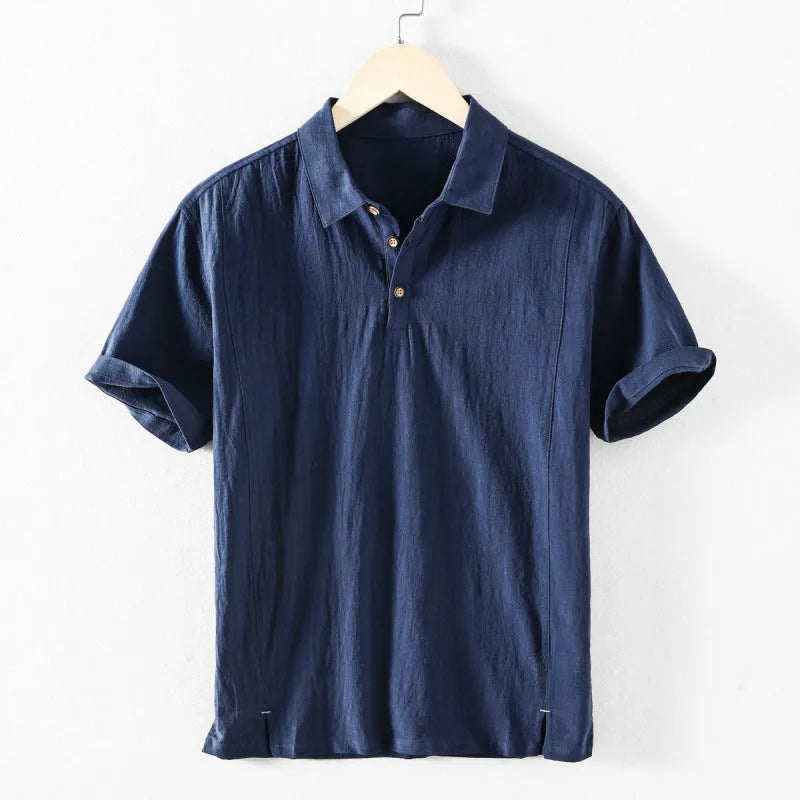 Men's loose fit cotton and linen casual shirt in a solid colour, shown in light grey.