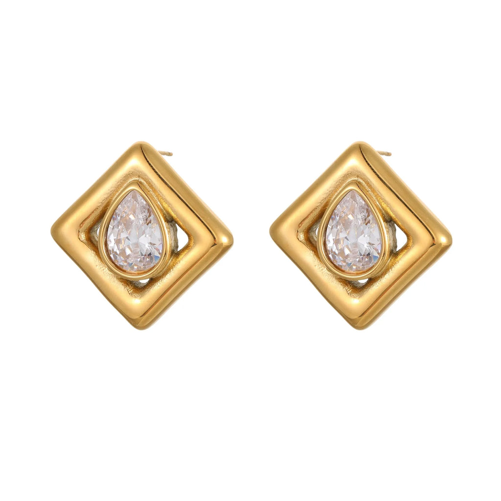 Geometric gold electroplated stud earrings with inlaid water drop zircon stones