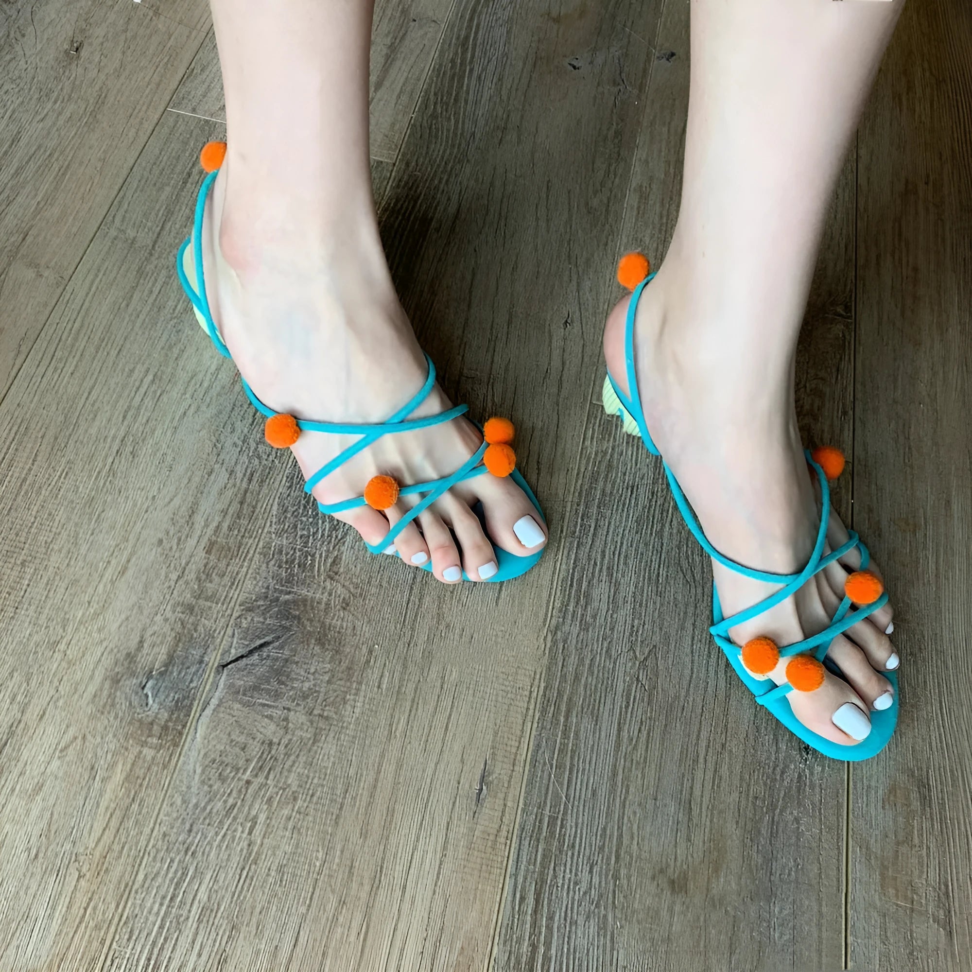 Cyan French leather women's high-heeled sandals with lace-up design and open toe