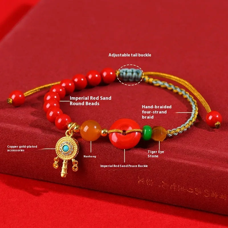 Hand-woven cinnabar peace blessing bracelet in emperor red sand colour with geometric national style design