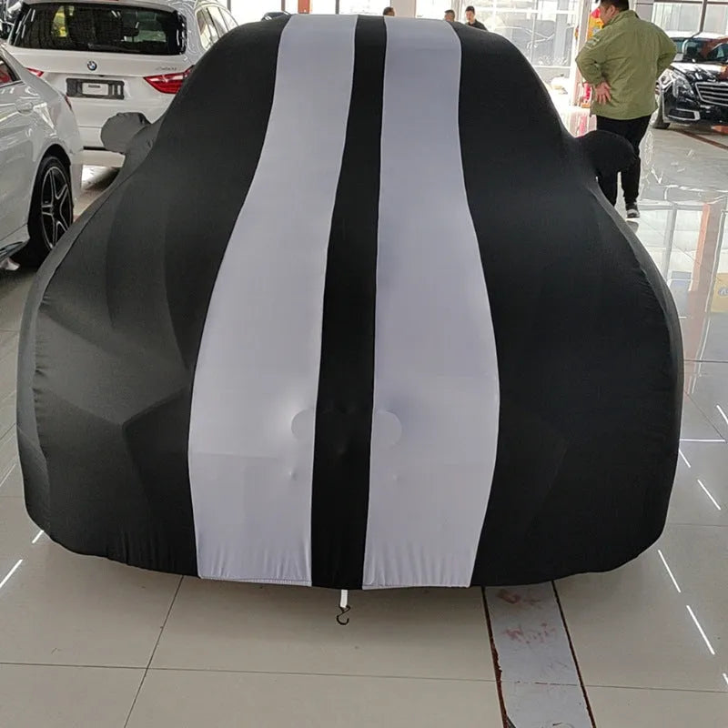 Ford Mustang car cover with elastic hem in light grey colour made from silk polyester fabric.