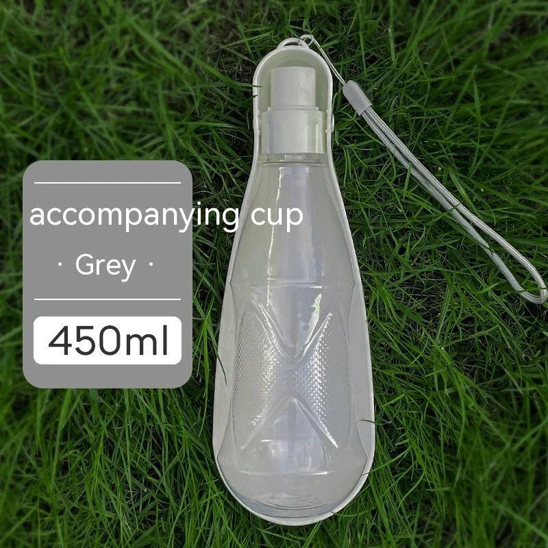 Portable outdoor dog water bottle with large 550ml capacity, available in various colors including lake blue, pink, and gray.