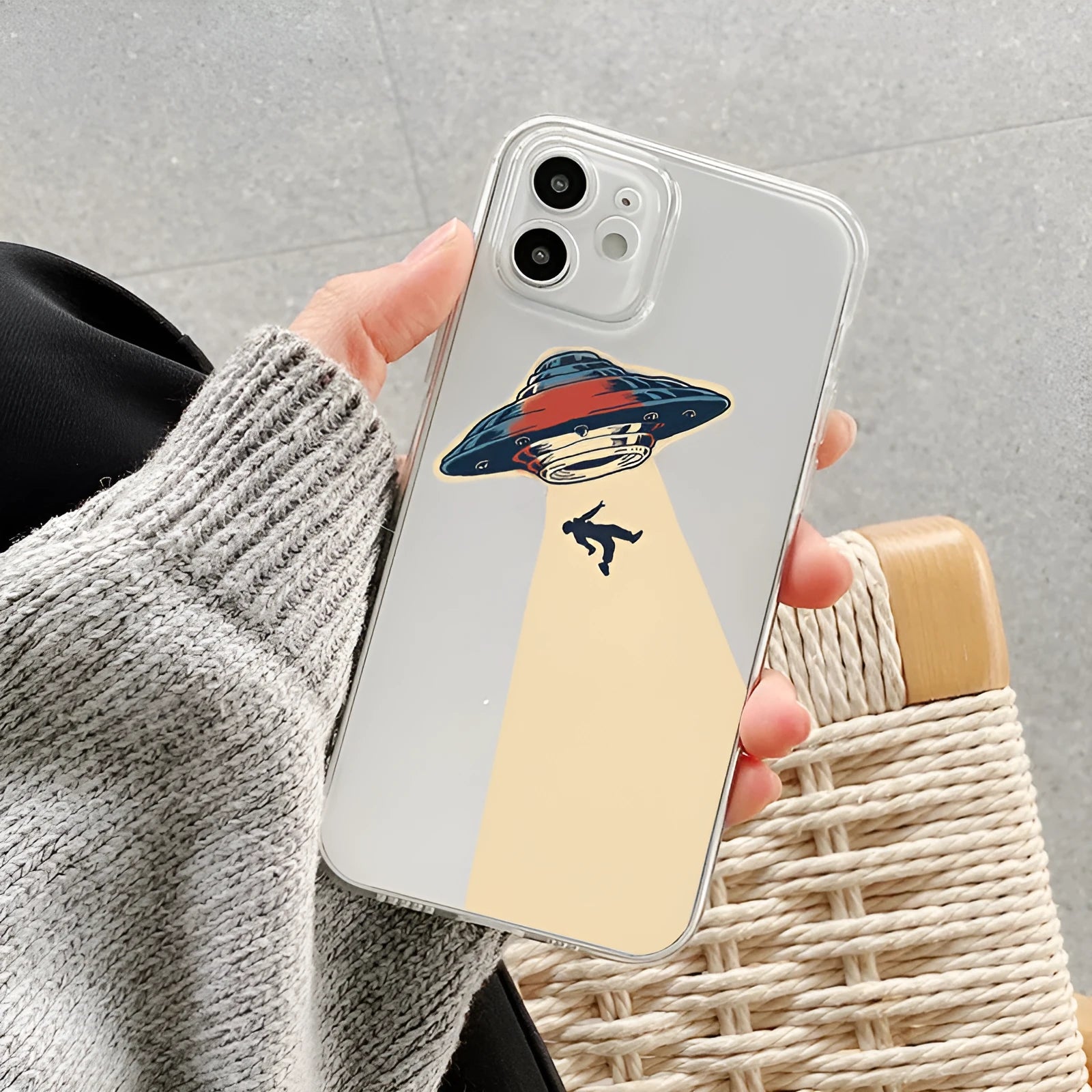UFO astronaut transparent TPU phone case for iPhone, soft protective cover with astronaut graphic