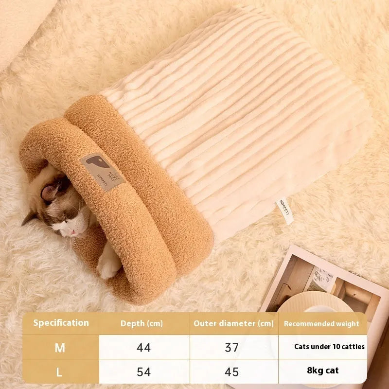 Brown semi-enclosed pet sleeping bag with plush interior for cats and dogs