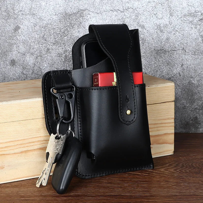 Men's retro leather phone hanging belt bag in cowhide leather with car suture detailing