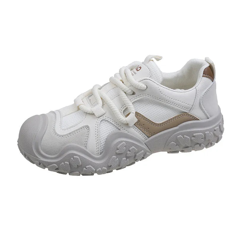 Women's casual mesh board shoes in beige with artificial PU upper and front lacing